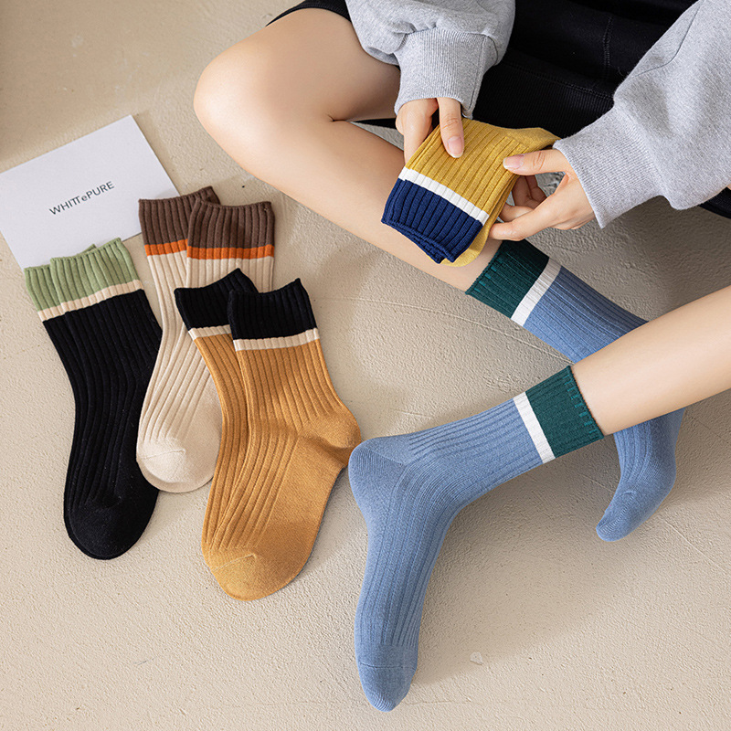Double needle socks for women's boneless spring and autumn middle tube socks for women casual breathable versatile cotton socks