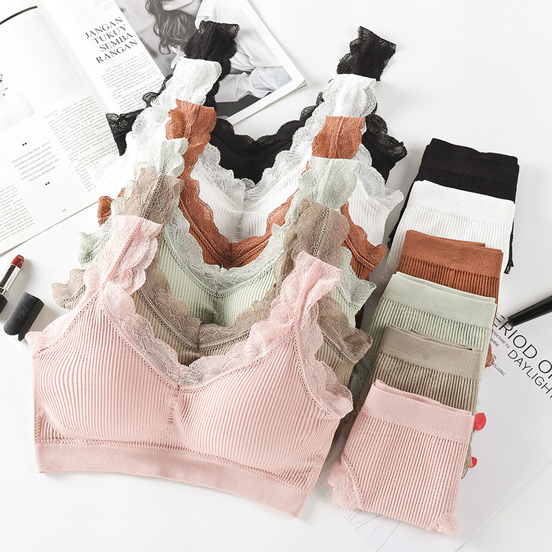 Korean style strapless Japanese lace girl's breast wrapping suit, wire-free bra underwear two-piece suit