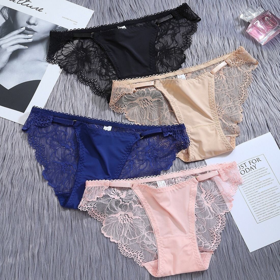 Women's underwear for women's low waist sexy lace ice silk markless lifting hip hollow large size women's thin strap three underwear