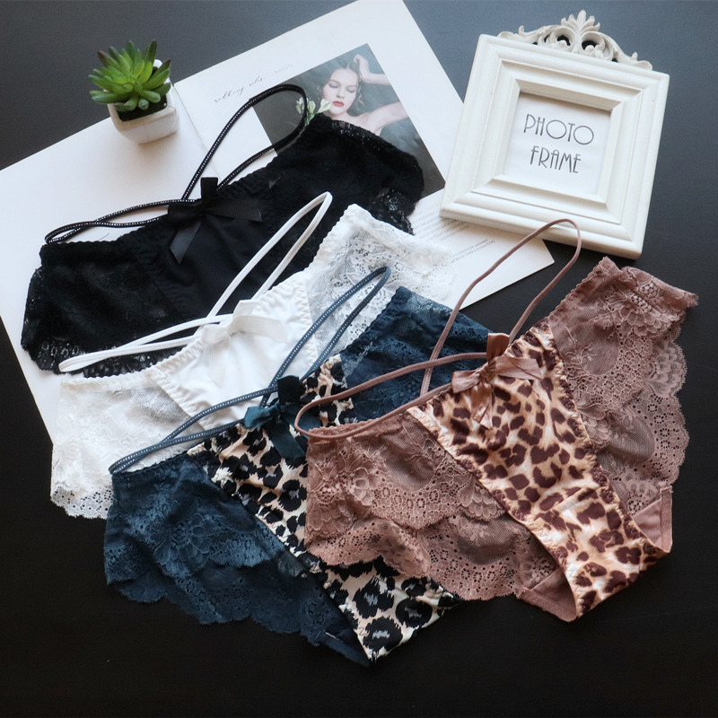 Foreign trade European and American thin strap print women's lace-up leopard print lace underwear women's low-waist Japanese women's briefs wholesale