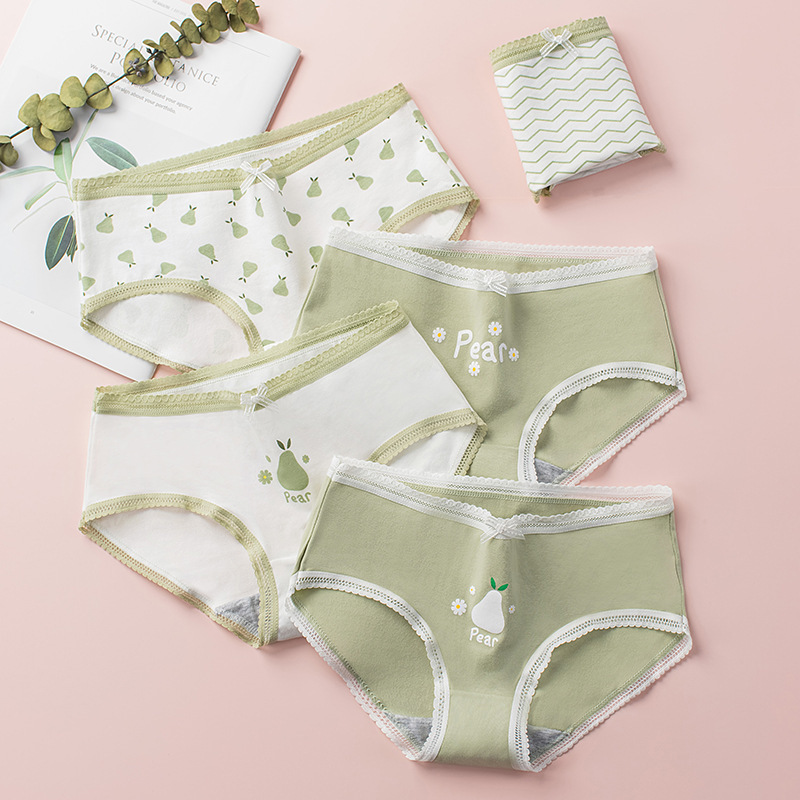 Snow pear lace-edged underwear for girls with antibacterial pure cotton crotch comfortable mid-waist girl briefs