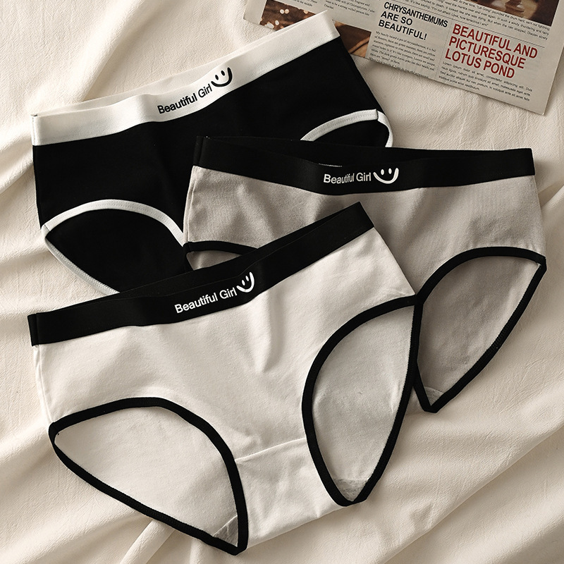 Underwear for women's breathable double-layer inner crotch girl contrasting color splicing letters smiling face mid-waist briefs