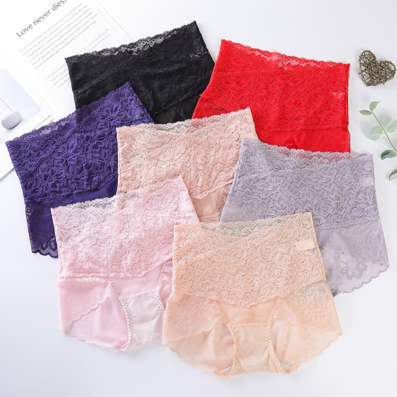 High-waisted underwear for women, lace cotton crotch, markless sexy summer thin style breathable belly lifting and hip lifting women's briefs