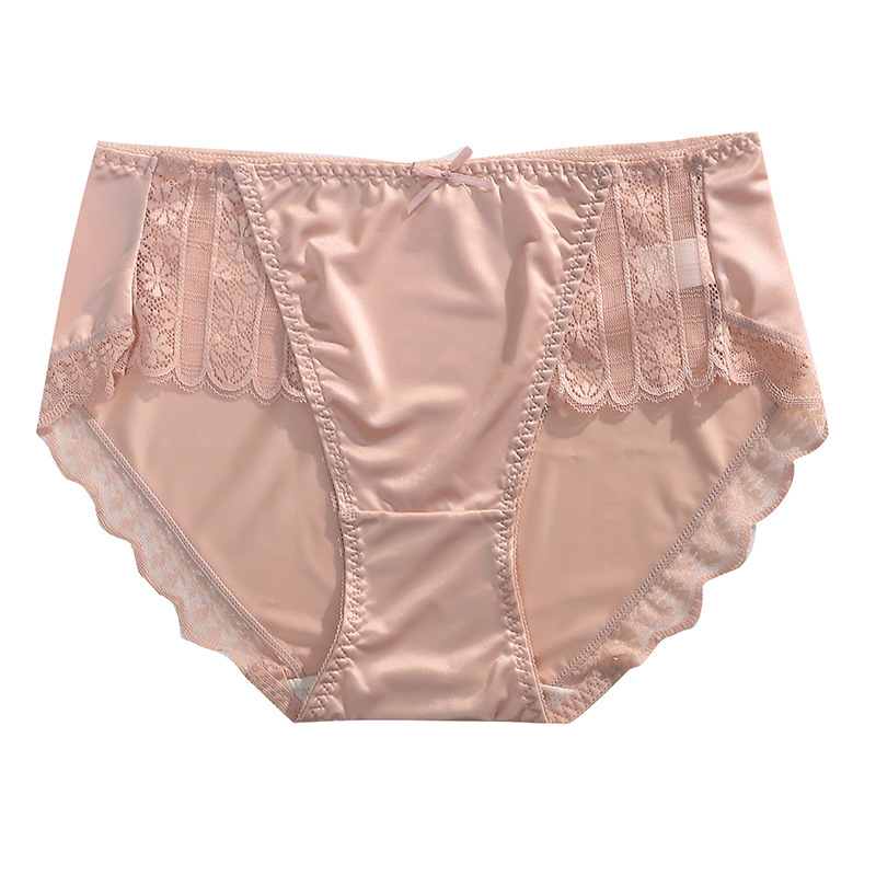 Ice silk satin markless pure sexy lace mid-waist underwear for women with hip lifting large size breathable antibacterial thin briefs