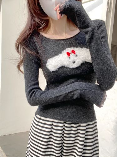 Sweet style cute puppy long-sleeved sweater for women in early spring age-reducing lace splicing inner top trend