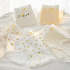 Cute yellow floral A baby cotton underwear for women 7A antibacterial crotch pure cotton breathable mid-waist hip girl briefs