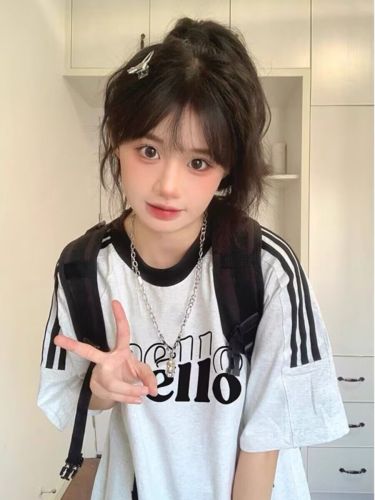 Short-sleeved print 200g loose print three-bar striped short-sleeved T-shirt