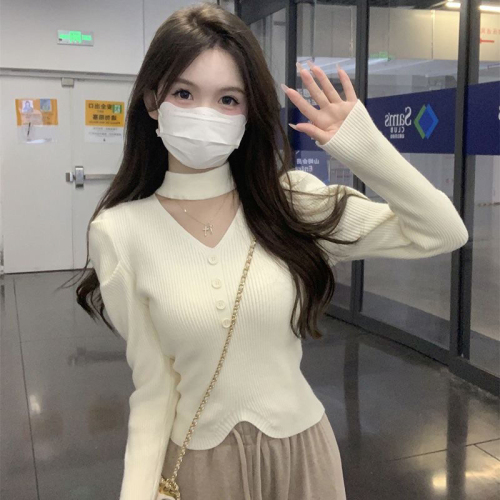 Maillard halter neck hollow long sleeve temperament design sweater for women in autumn and winter new slim base shirt top