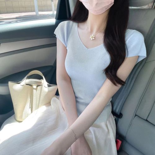 Pink French pure v-neck ice silk knitted shoulder short-sleeved T-shirt for women's summer thin slim top