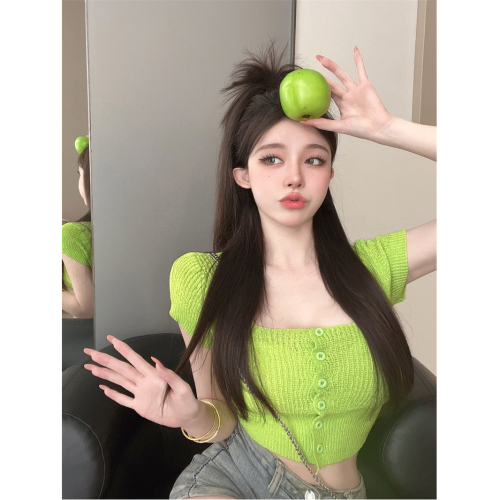 Hot girl square neck short sleeve knitted cardigan for women early spring new design slim navel exposed short bm top trendy