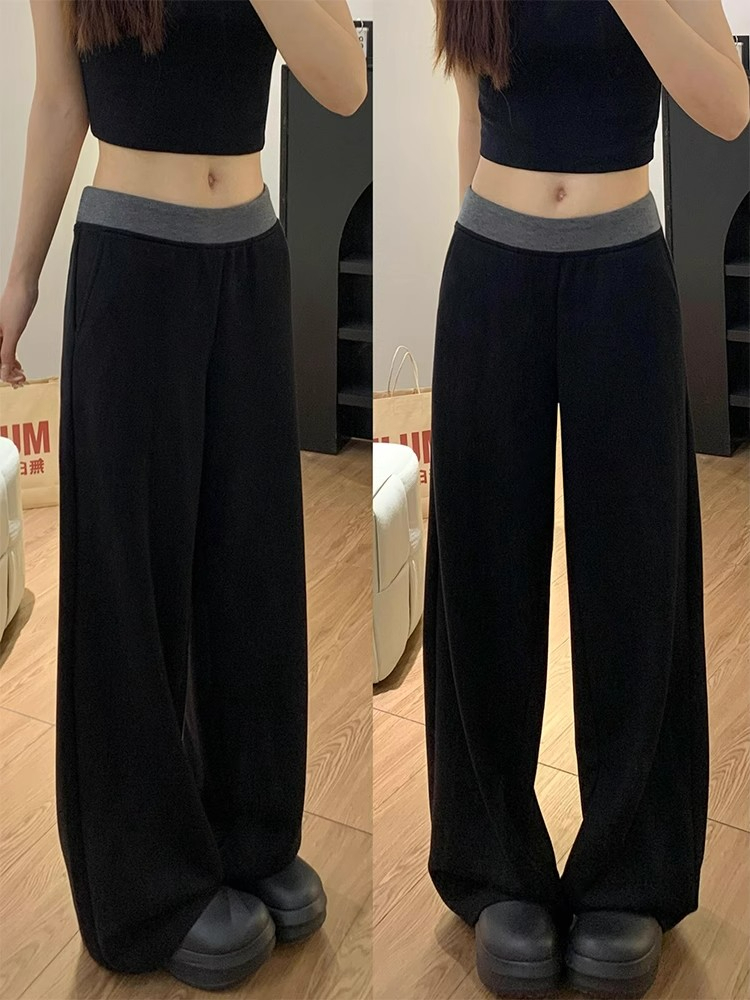 Black spliced ​​casual pants for women in autumn and winter loose large size fat mm slim pear-shaped body wide-leg sports sweatpants