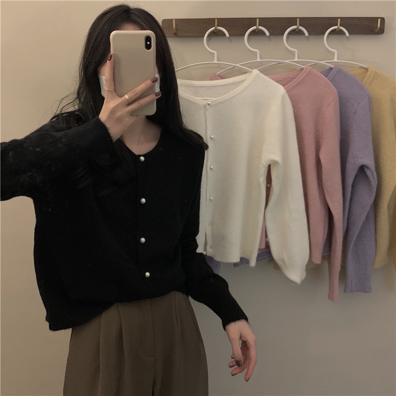 All-match lazy style soft round neck pearl button sweater cardigan jacket
