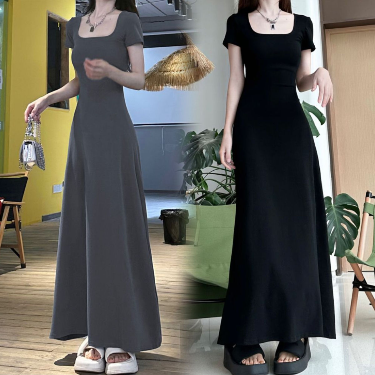 40 230g 1*1 threaded cotton French temperament dress with gray short-sleeved high-end waist-hugging suspender long skirt