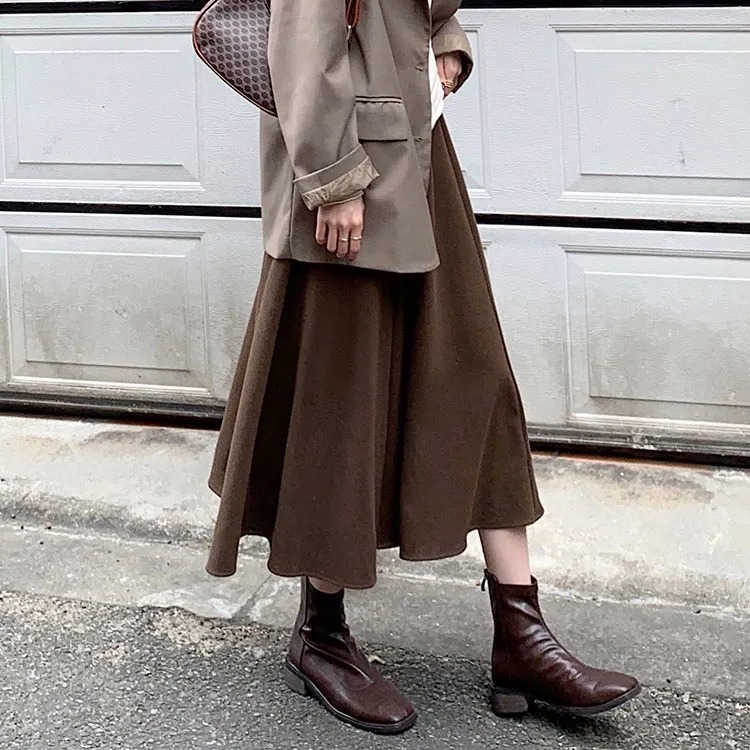 New A-line woolen skirt versatile mid-length retro high waist cover hip loose slimming skirt