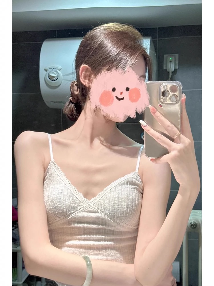 White lace beautiful small suspender with chest pad inner vest for women's summer outer wear V-neck beautiful back sweet and spicy short top