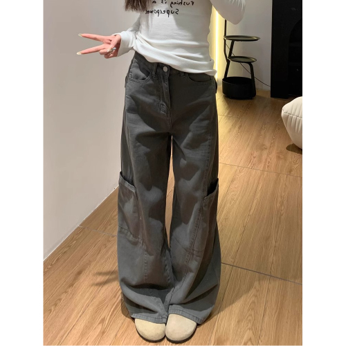 American retro grey workwear floor jeans for women's spring new high-waist loose slimming straight wide-leg trousers