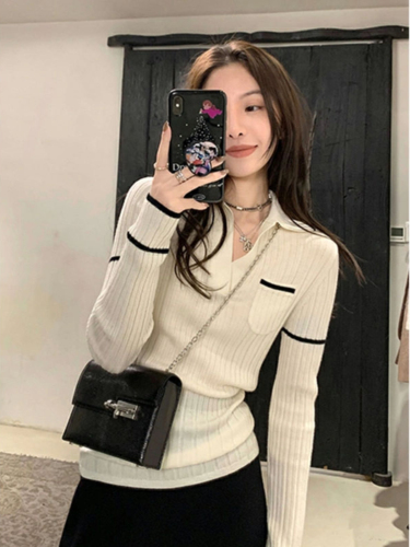 White Korean polo collar base sweater for women in autumn niche special long-sleeved top