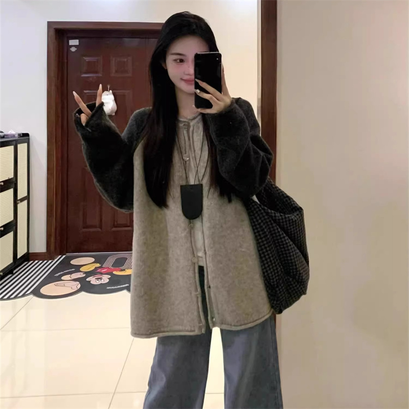 Contrast color splicing knitted cardigan sweater round neck jacket top