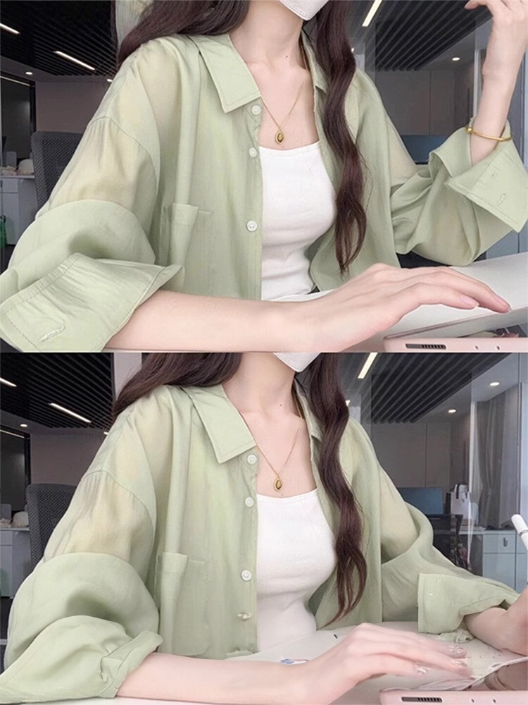 Summer thin chiffon top shirt for women new hot luxury high-end sun protection mint green shirt