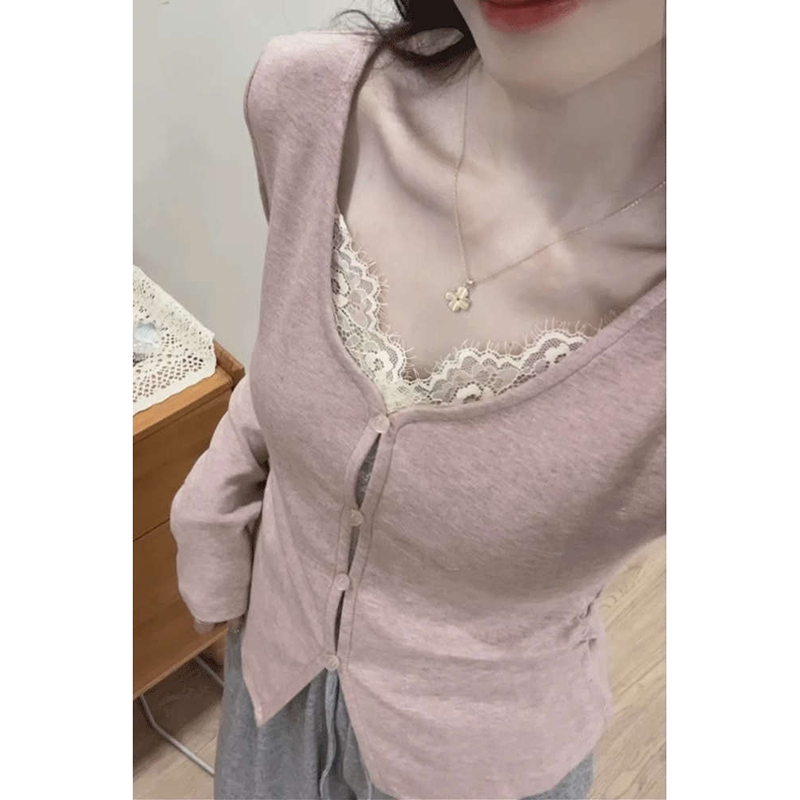 Pure lace splicing slim fit fake two-piece versatile short top for women's spring, autumn and winter long-sleeved T-shirt base shirt