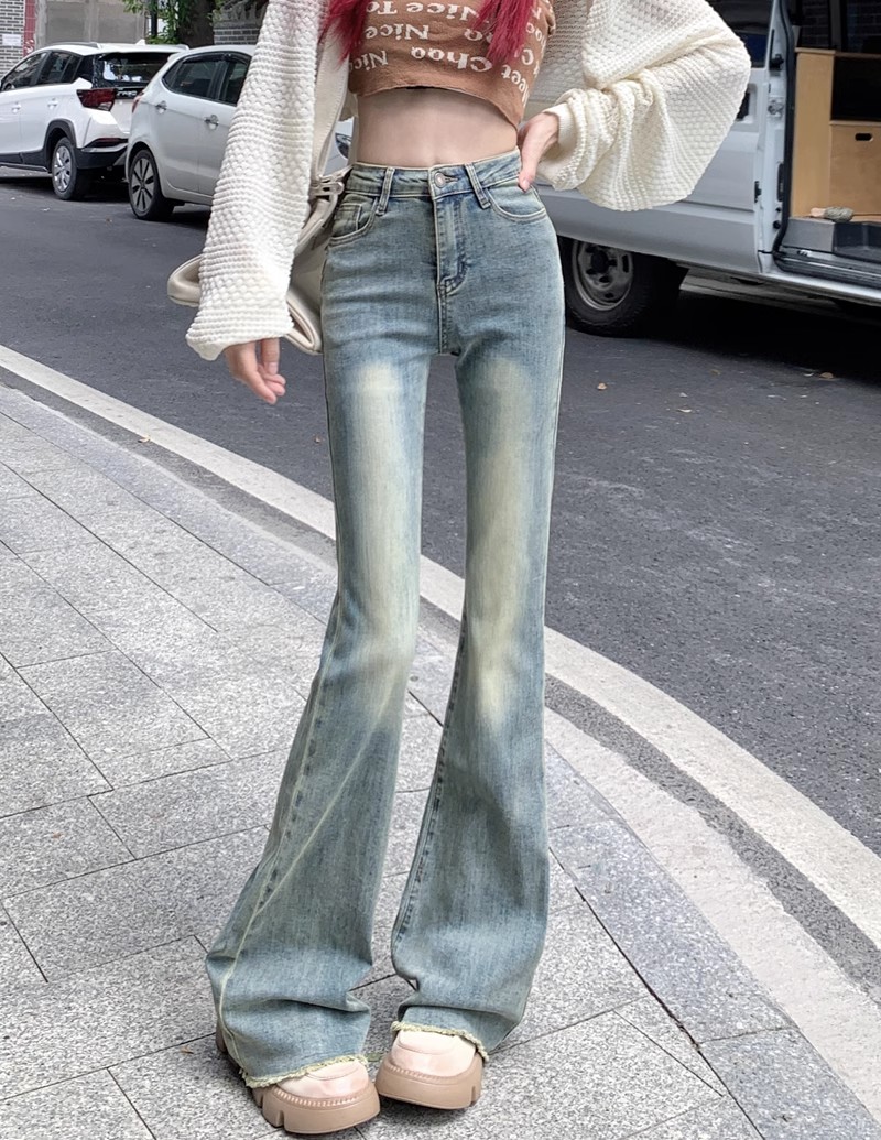 American high street burrs and micro-flare jeans for women in autumn and winter new retro high waist stretch slim fit horseshoe pants