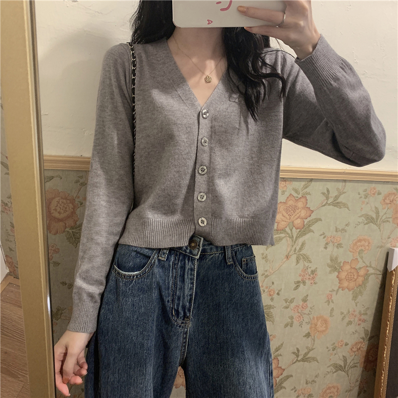 Sweater cardigan jacket women's versatile short long-sleeved top knitted sweater with thin V-neck base
