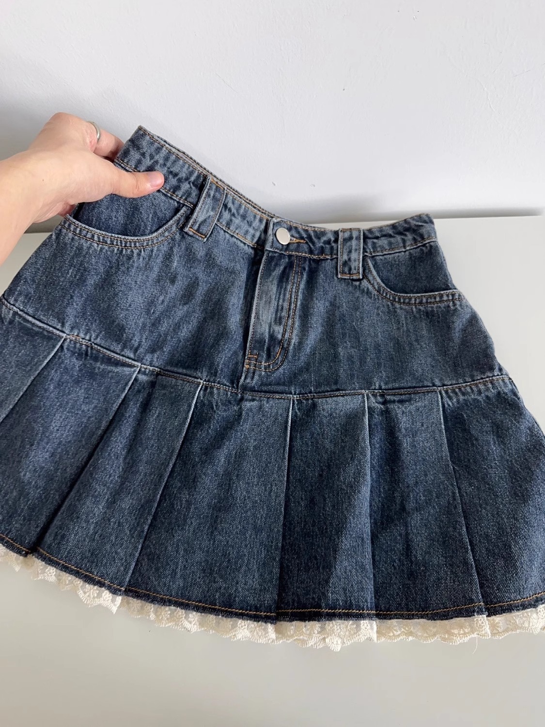 American retro hiphop pleated denim skirt for women in summer new high-waisted lace spliced ​​hot girl A-line skirt