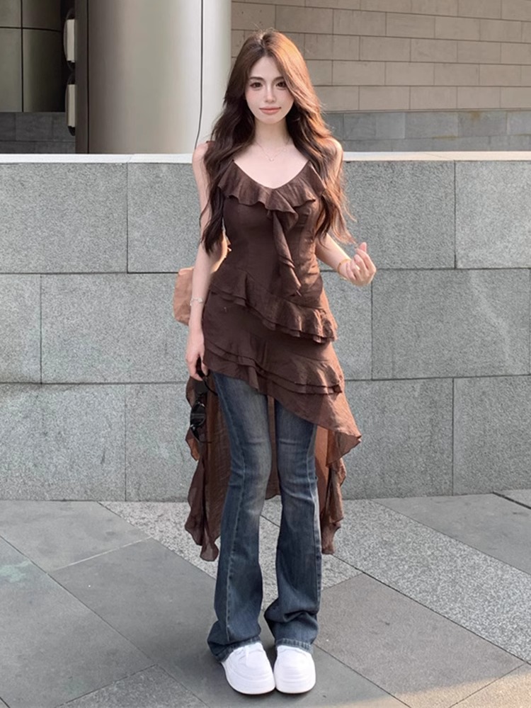 French retro irregular hem ruffled dress for women in summer design niche layered suspender long skirt