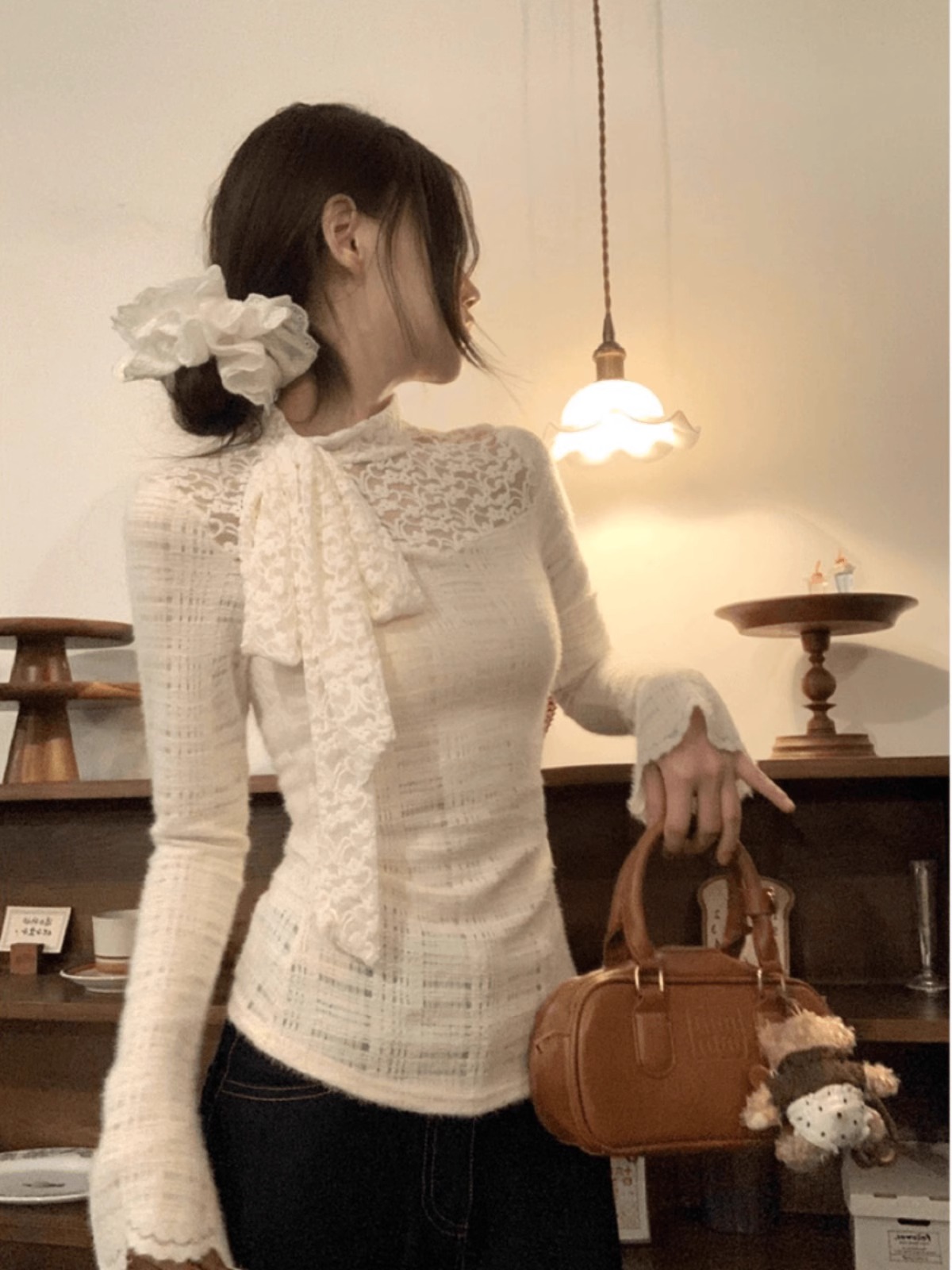 Pure Desire Bow Lace Long Sleeve Autumn Underwear Base Shirt Top