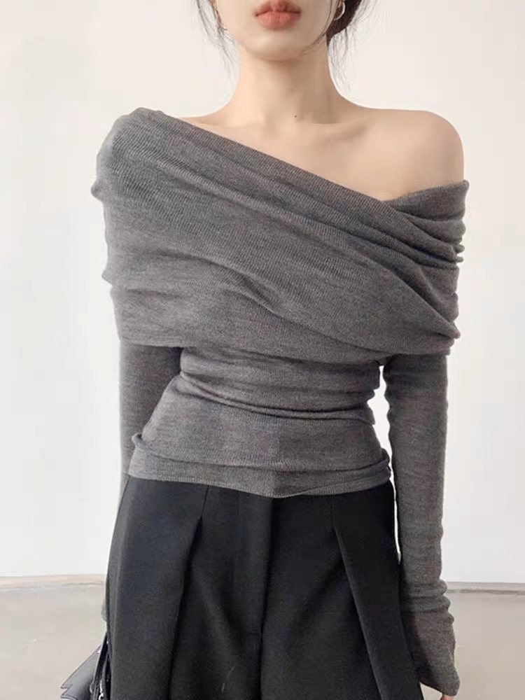 French one-shoulder sexy inner knitted base shirt for women in autumn slim fit niche design high-end top
