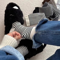 Striped socks for women's middle tube socks pure cotton thick Korean version versatile casual college style spring and autumn style pile socks