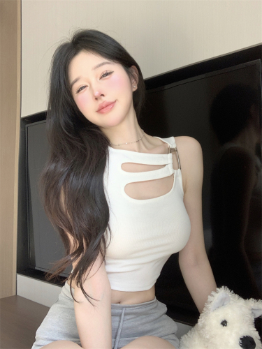 Pure lustful white hollow short suspender vest for women in summer wear sweet hot girl sexy inner sleeveless top