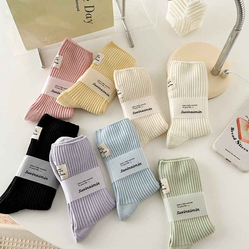 suxinaimin socks women's spring and summer new cotton double needle pile socks Japanese style heel cloth label macaron mid-tube socks