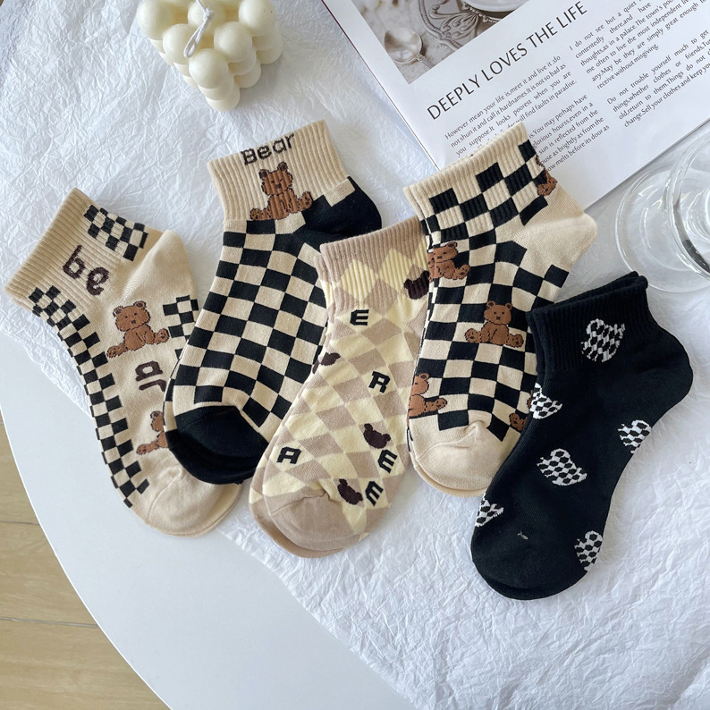 Ziyang Spring New Short-tube Women's Socks Checkerboard Socks Light Coffee Student Socks Cartoon Bear Socks Korean Style INS Trendy Socks