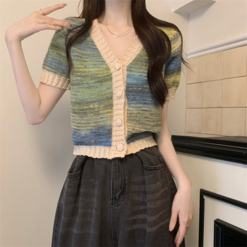 Small scent style contrast color tie-dye v-neck short-sleeved sweater women's design sense summer chic French short cardigan top