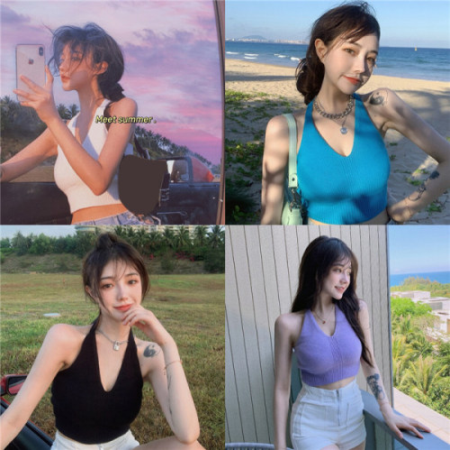 Outdoor suspender design niche short European and American internet celebrity summer knitted V-neck halter neck top female hottie vest