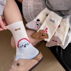 Cartoon puppy socks for women animal illustration spring and summer new style boneless Korean style cute boneless pile socks mid-tube socks