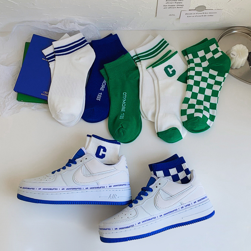 Blue and green socks for women ins trendy internet celebrity style shallow mouth short socks for spring and summer striped chess board plaid Japanese short boat socks