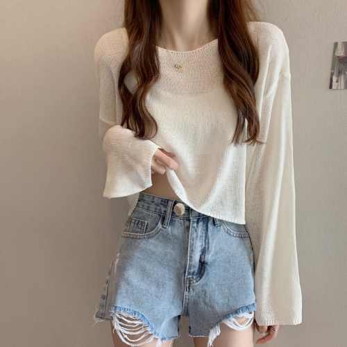 Thin hollow knitted sunscreen blouse lazy style loose long-sleeved T-shirt for women's summer short flared sleeve top