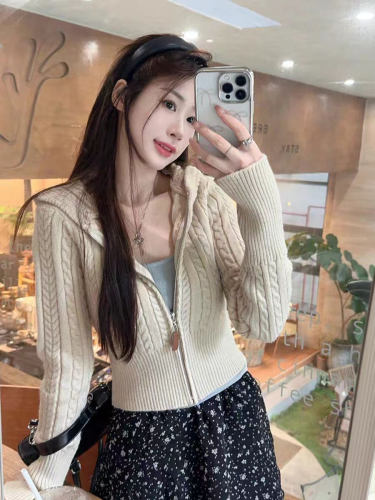 Autumn and winter Korean style twisted zipper cardigan short sweater thickened 4 pieces of sand cotton