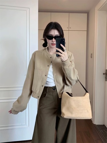 Khaki woolen baseball uniform short jacket for women in autumn new small short style high-end temperament jacket