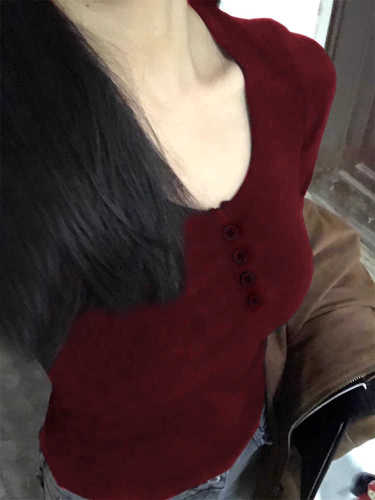 Pure and sexy hot girl slim and slim V-neck long-sleeved T-shirt for women