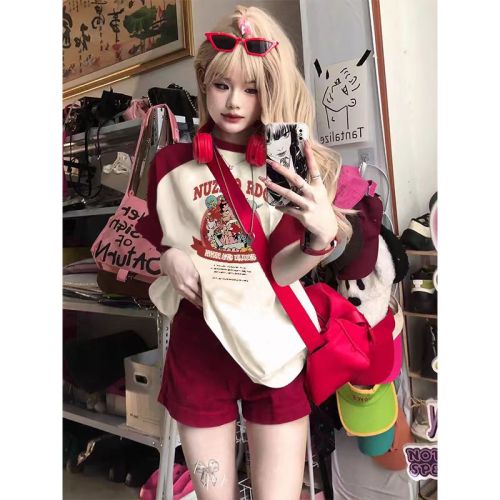 Pure cotton 200G quality good product + back bag collar contrasting color splicing printed horn sleeve short-sleeved T-shirt female student top trendy