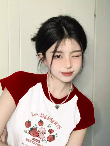 French sweet hot girl rag-shoulder short-sleeved fashion T-shirt for women in summer wine red waist-pinching dopamine top