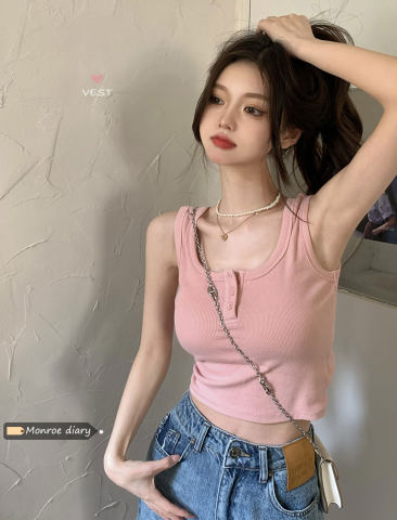 Thread pink short T-shirt for women in summer tight vest ins trendy hot girl base top
