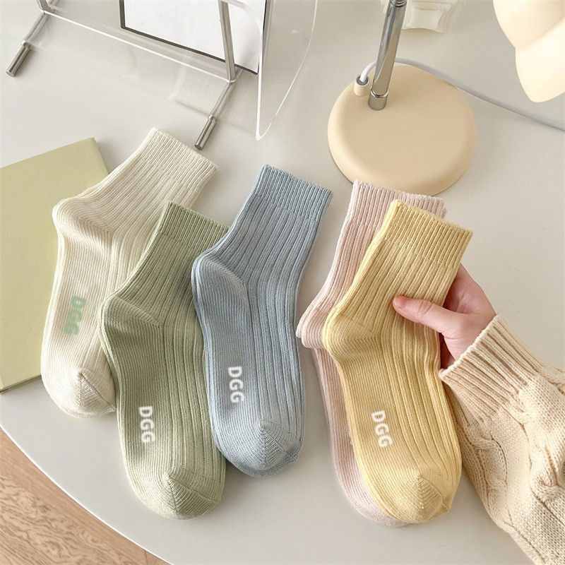 Socks for women's spring and summer thin candy color medium tube socks sweat-absorbent cotton socks Japanese versatile letters mother and daughter socks