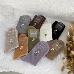 Socks for women Japanese candy color small flower embroidery pile socks ins trendy medium tube cotton socks