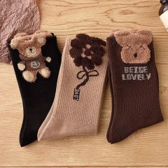 Feathery yarn bear socks for women with mid-tube plush socks, cute ins trendy versatile stockings