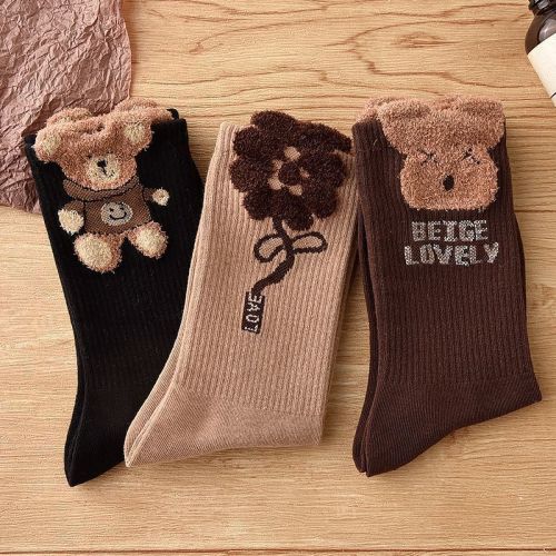 Feathery yarn bear socks for women with mid-tube plush socks, cute ins trendy versatile stockings