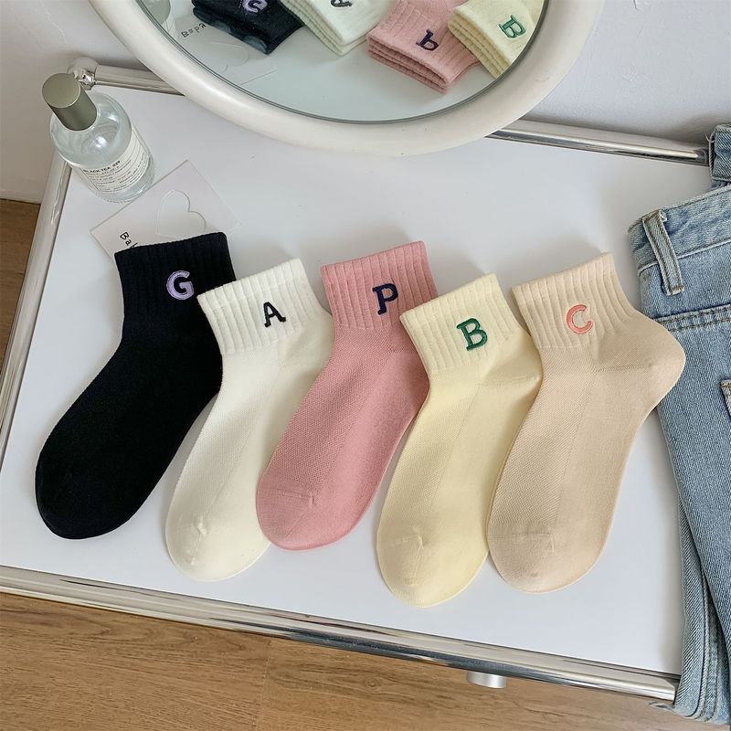 Spring and summer socks for women's socks sporty handmade boneless socks Solid color mesh embroidered letters for women's short socks